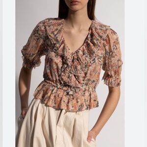 Ulla Johnson Floral Ruffle Top in Peach and Cream